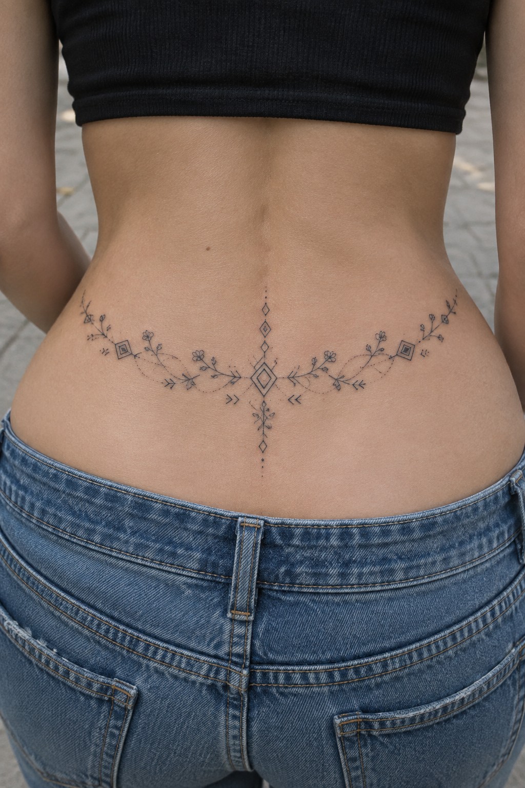 Symmetrical floral geometric tattoo on lower back above blue jeans and black crop top