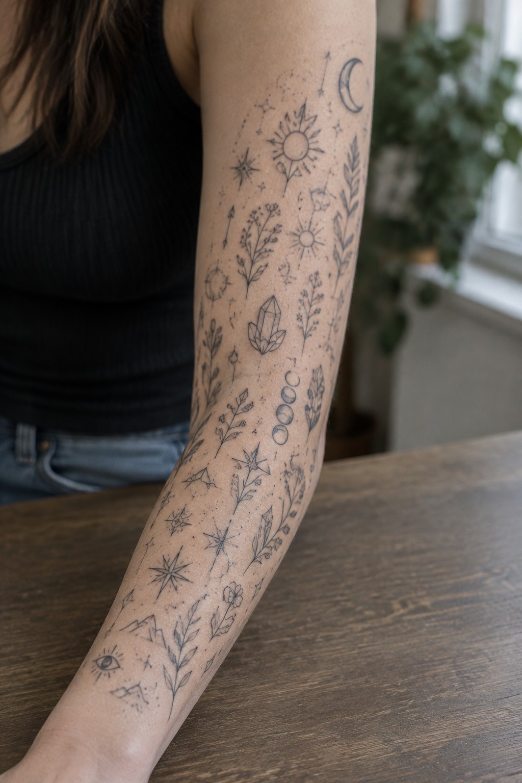 Arm with fine-line tattoos of suns, moons, stars, crystals and plants on wood.