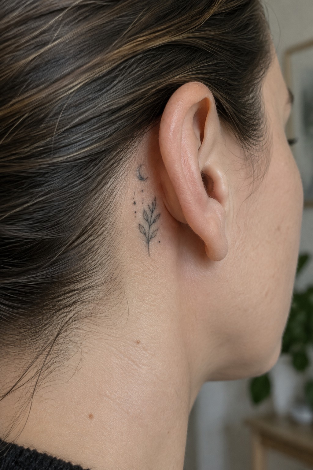 Fine line tattoo of a crescent moon above a leafy branch placed behind the ear