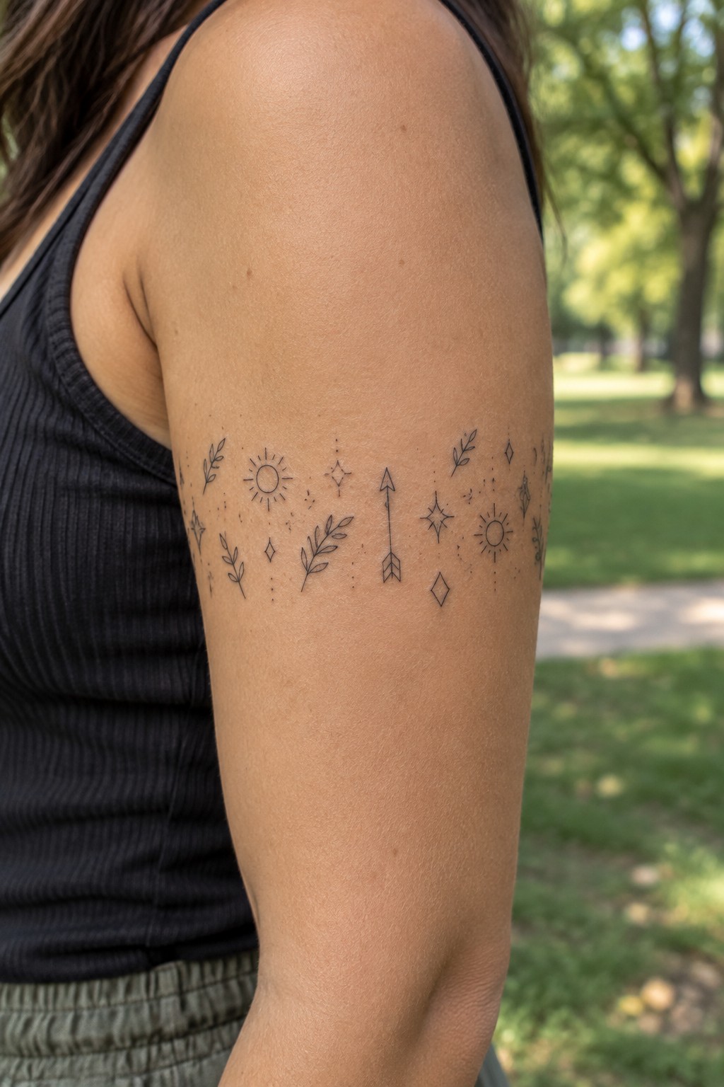 Upper arm in black tank top with fine-line tattoo of suns, stars, arrow, and leaves.