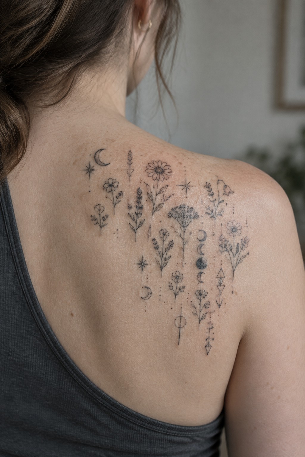 Woman's back with intricate floral moon and star tattoo on gray tank top