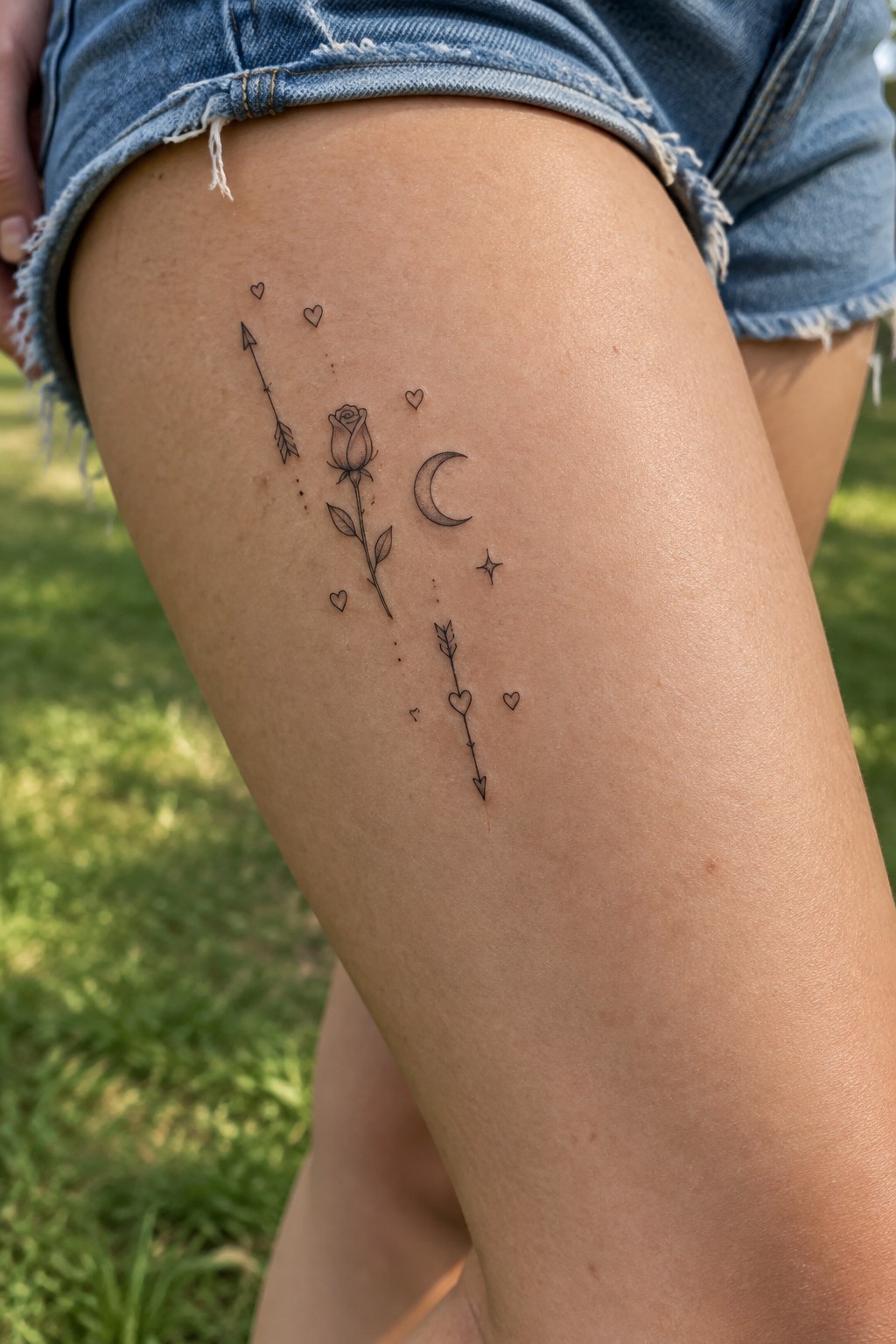 fine line tattoo on upper thigh with rose, crescent moon, arrows, and small hearts and stars