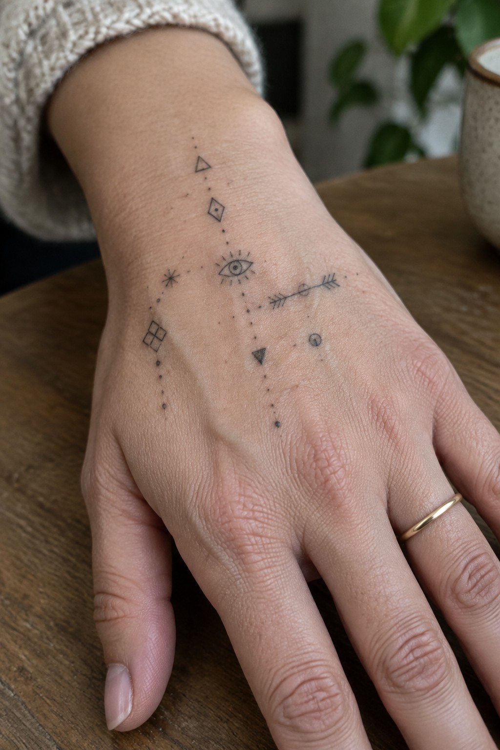 Hand with geometric tattoos and gold ring resting on wooden table in knit sleeve