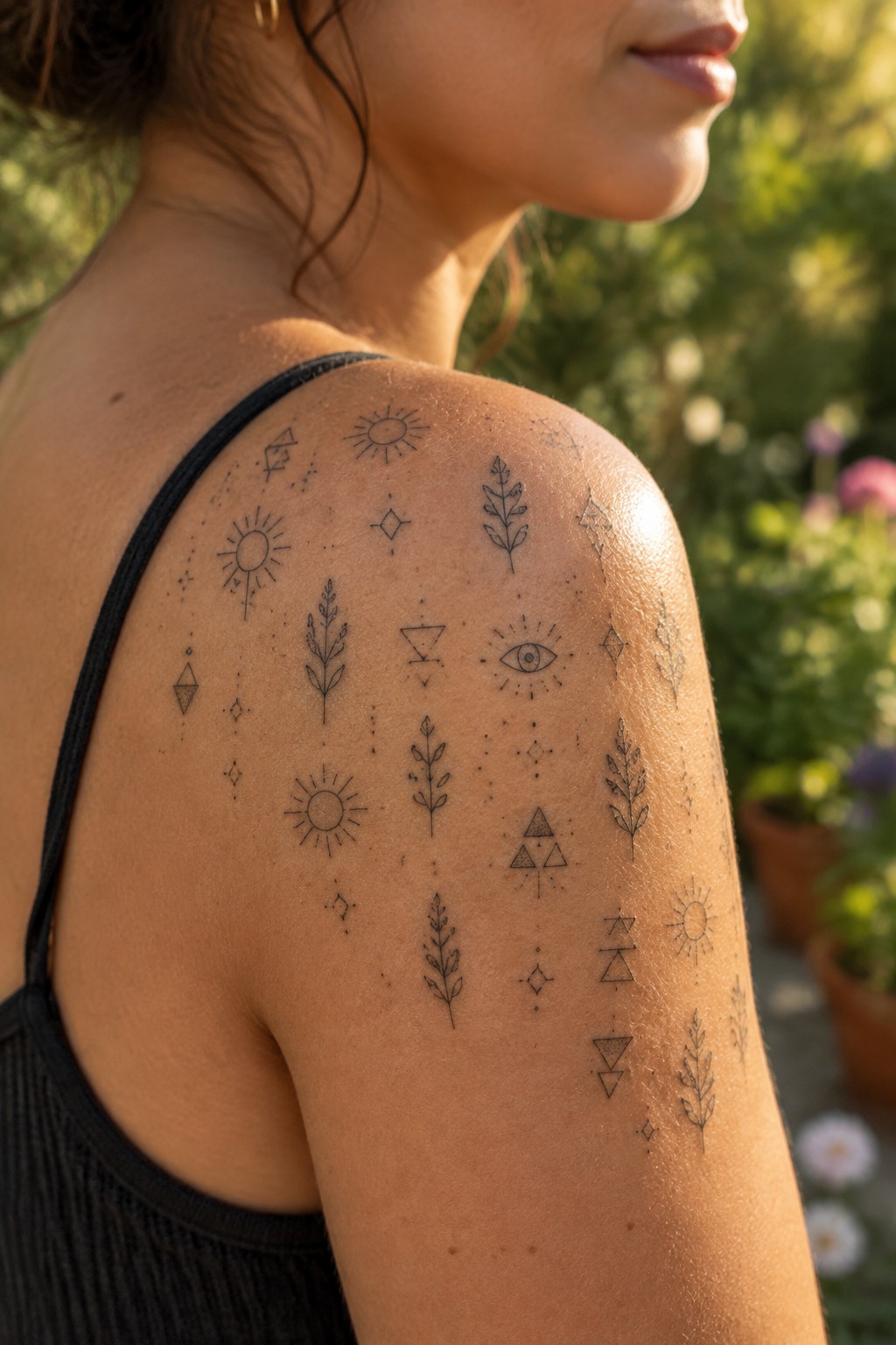 Tanned shoulder with black tank strap and many small minimalist line tattoos in sunlight