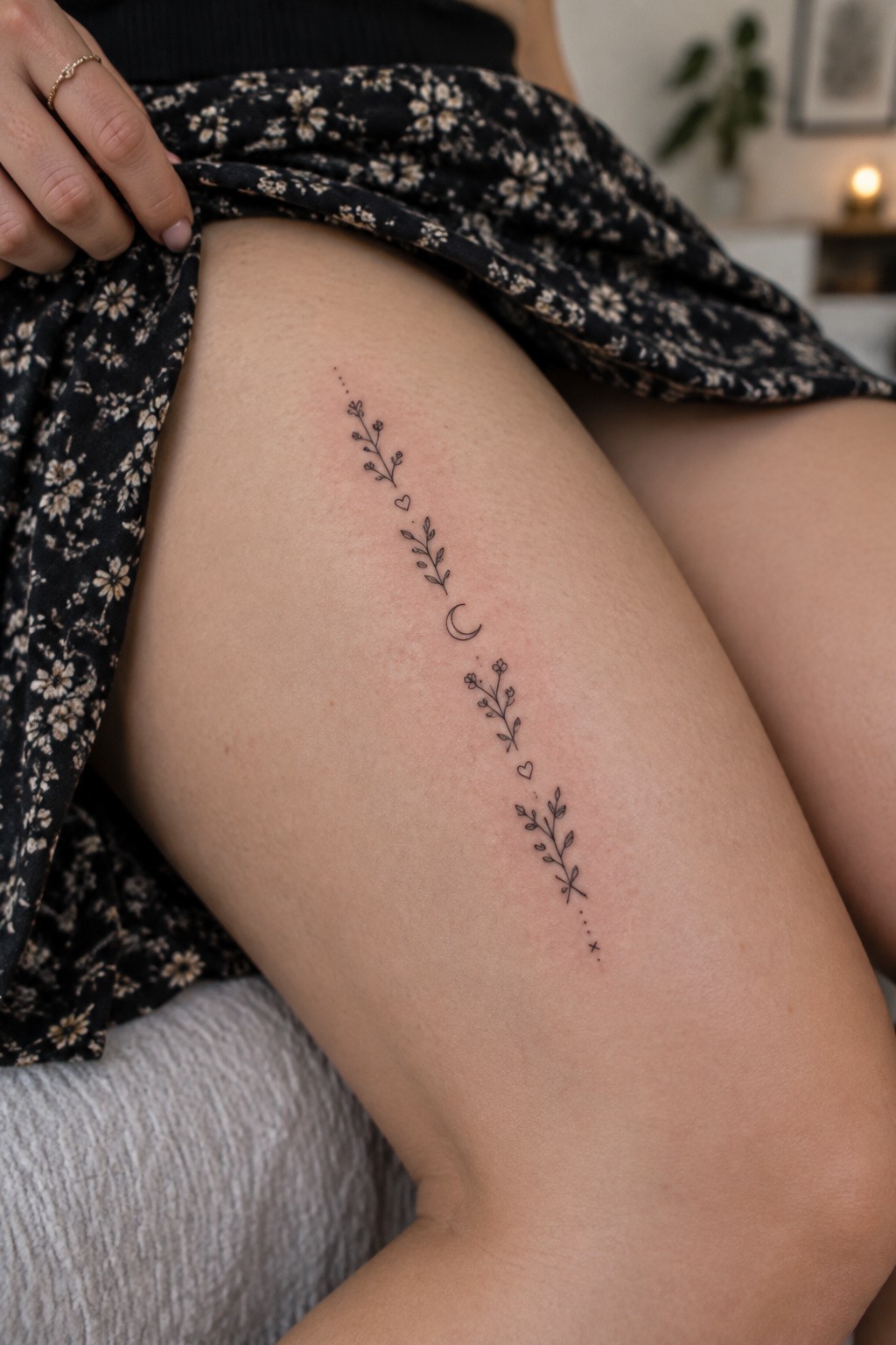 Thigh with delicate floral tattoo, crescent moon, hearts, under lifted black skirt.