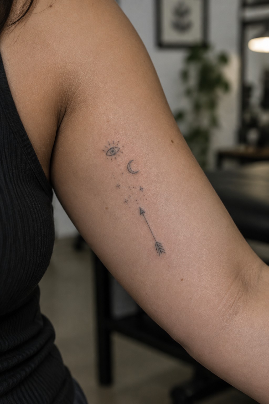 Upper arm in black tank top with eye, moon, stars, and arrow tattoo.