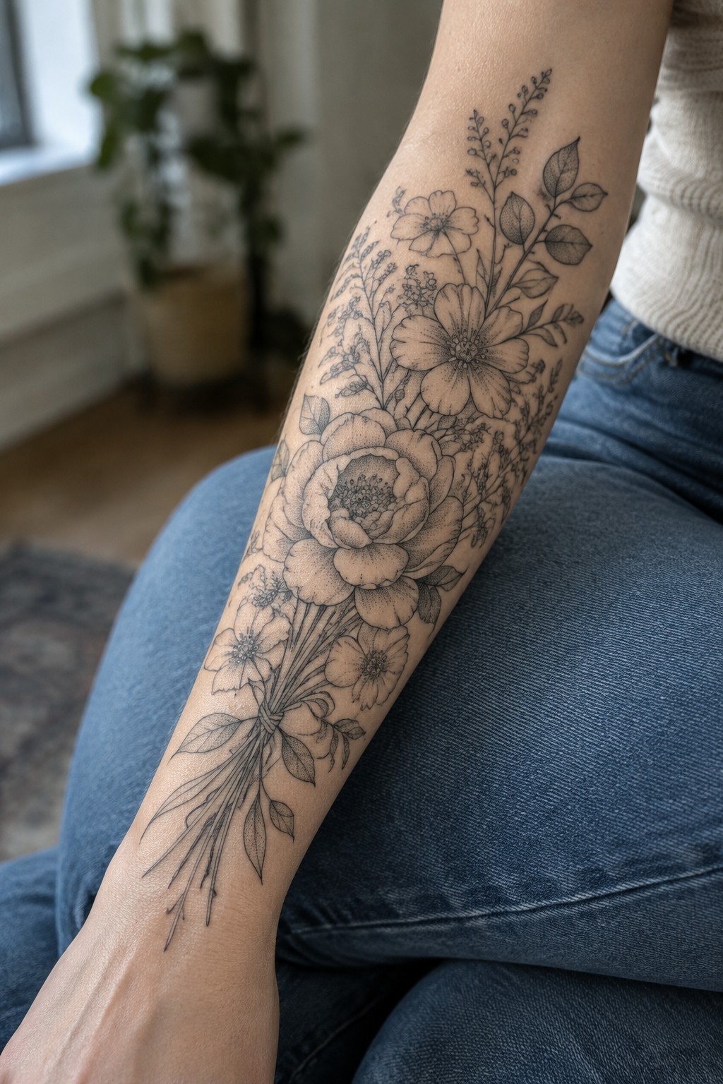 Detailed black floral bouquet tattoo on forearm over blue jeans and sweater