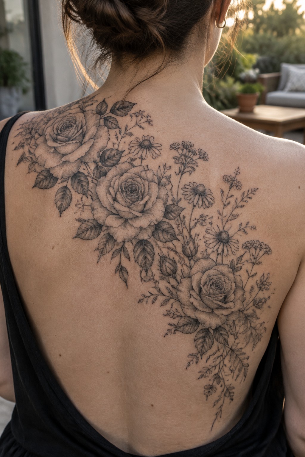 Woman's back with large black-and-gray rose and wildflower tattoo in open top.