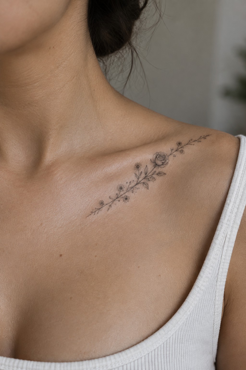 Floral tattoo with rose and daisies on shoulder beside white tank top strap.