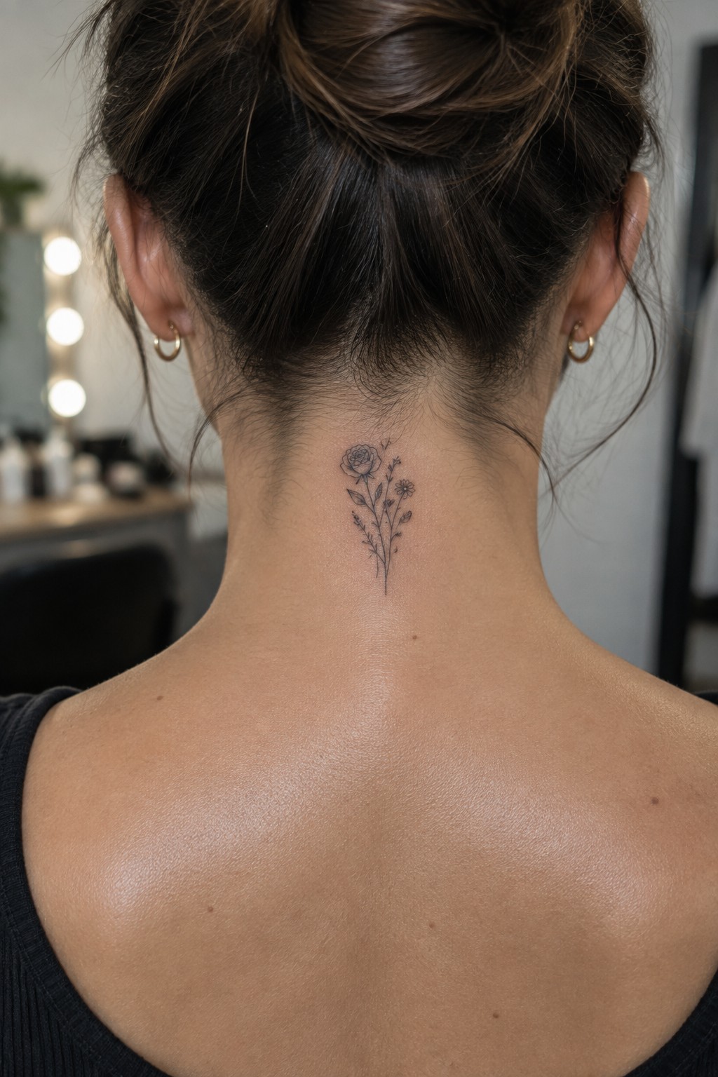 Woman with hair in bun, black top, and delicate floral neck tattoo