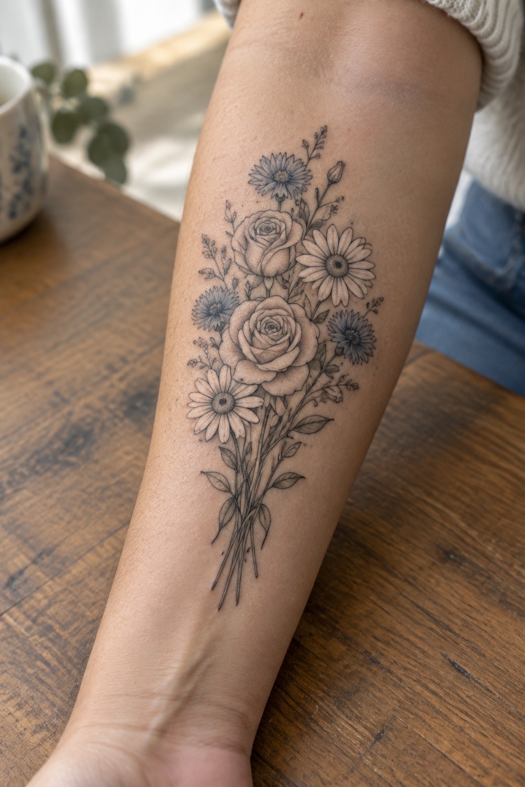 Fine line black and grey tattoo of a vertical flower bouquet with roses and daisies on the inner forearm