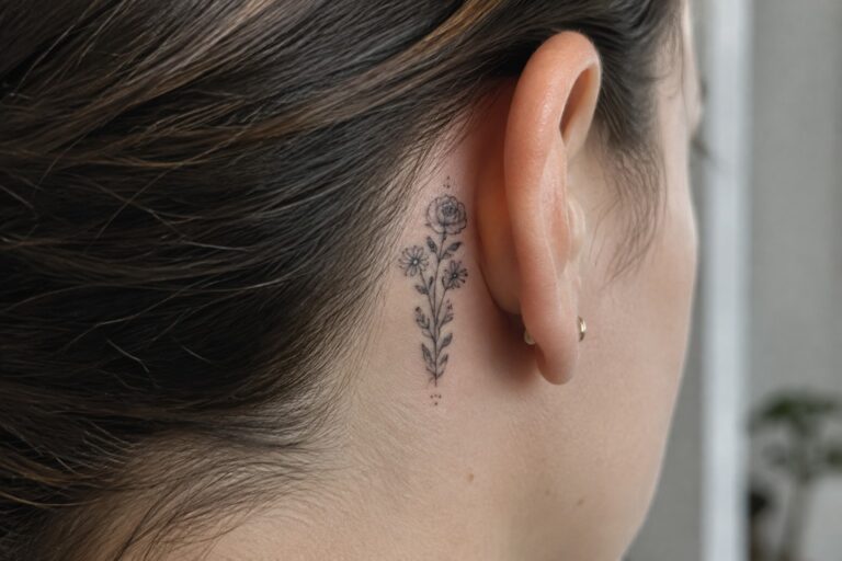 Floral rose and daisy tattoo behind ear with small gold hoop earring.