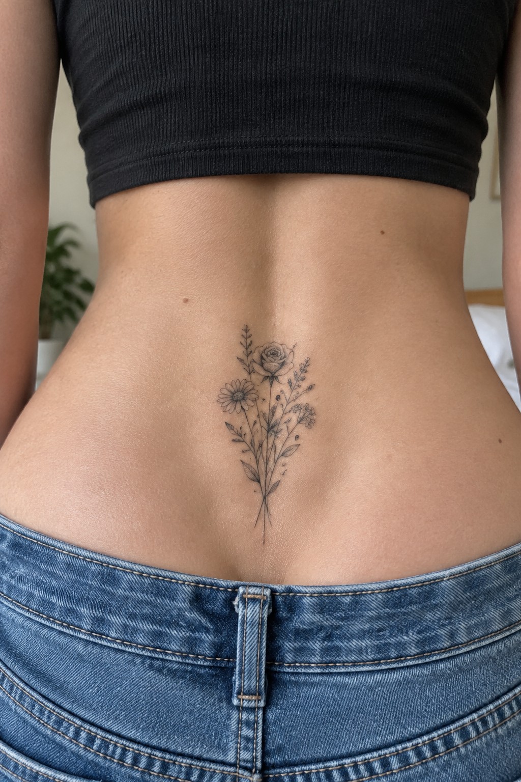Fine line tattoo of a rose and wildflower bouquet placed vertically on a woman's lower back above blue jeans.