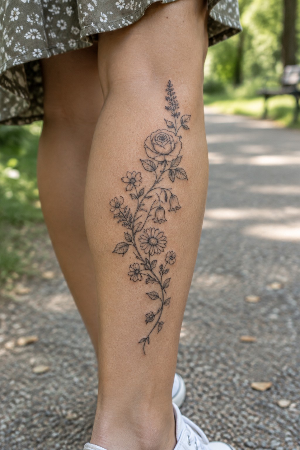 Floral tattoo on leg with rose and wildflowers, wearing patterned dress on gravel path.