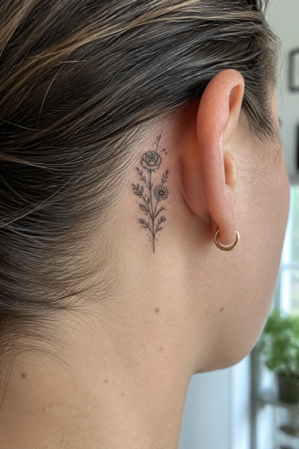 Floral rose and daisy tattoo behind ear with small gold hoop earring.