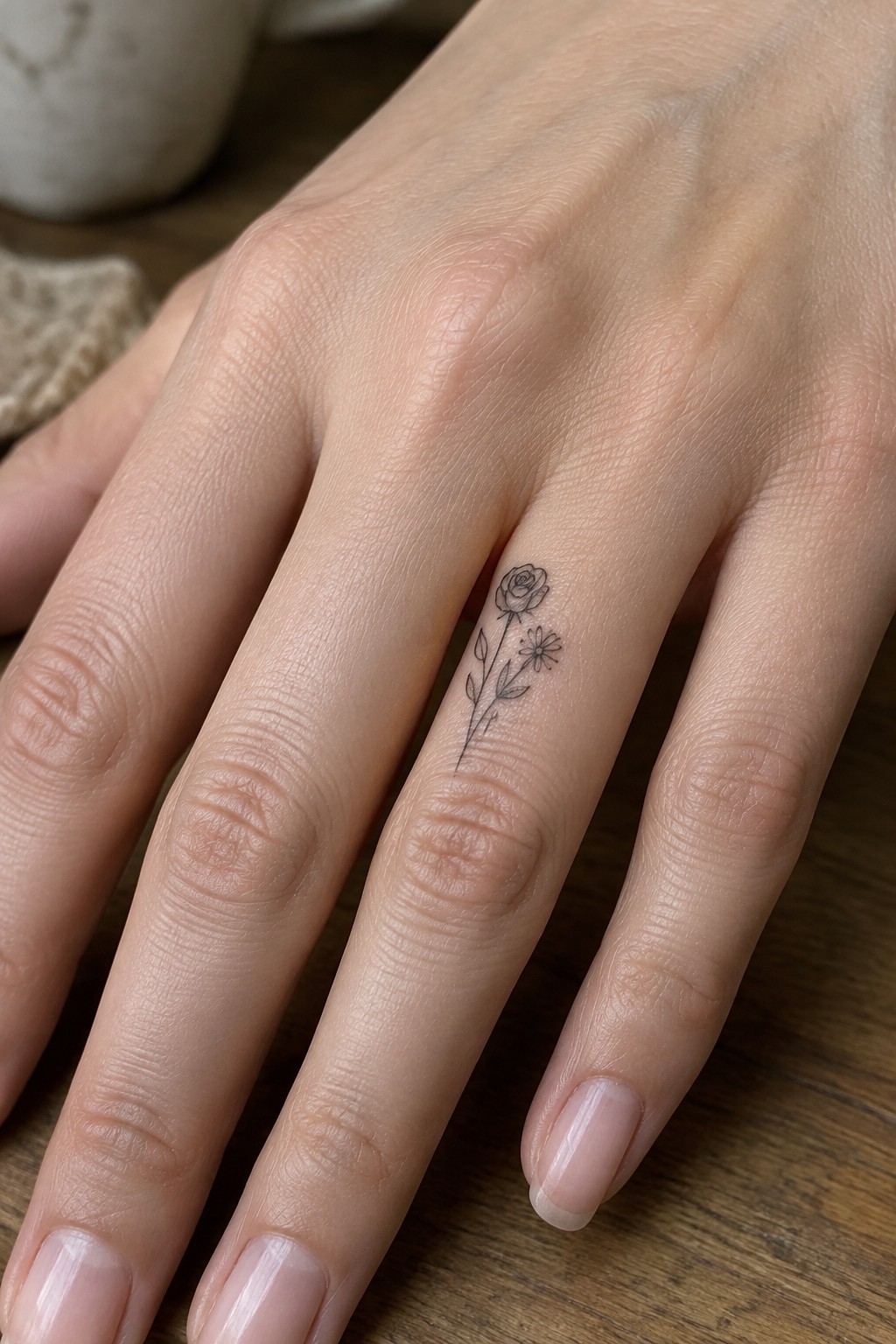 Hand with delicate black-ink rose and daisy tattoo on ring finger.