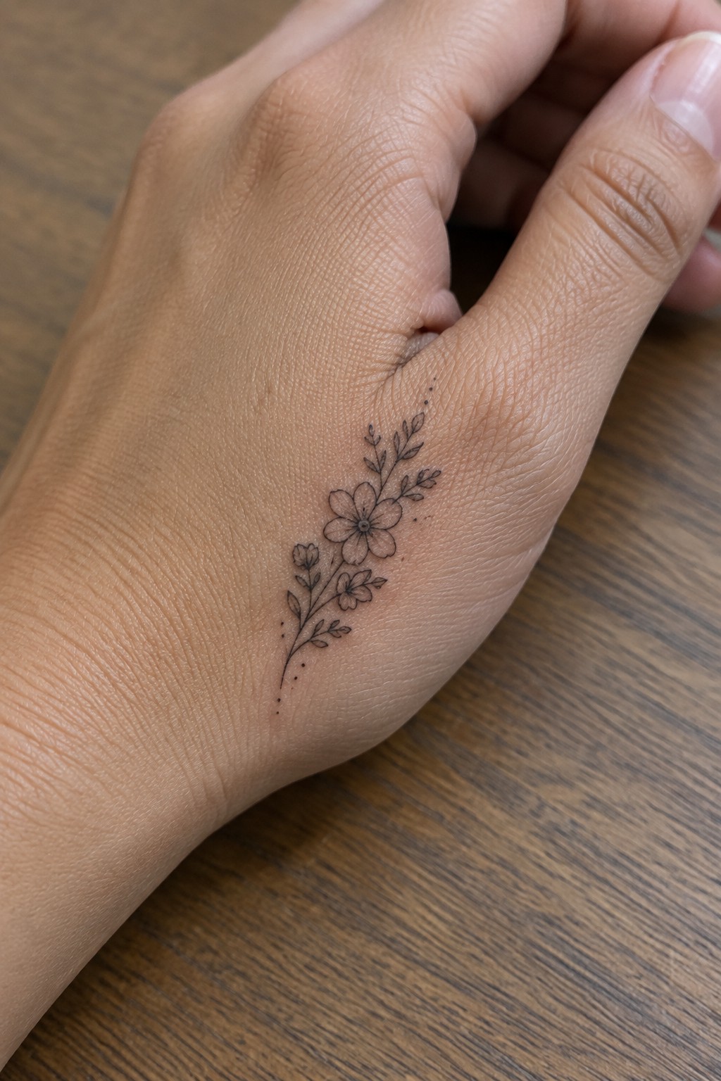 Hand with delicate black floral tattoo of flowers and leaves on wood.