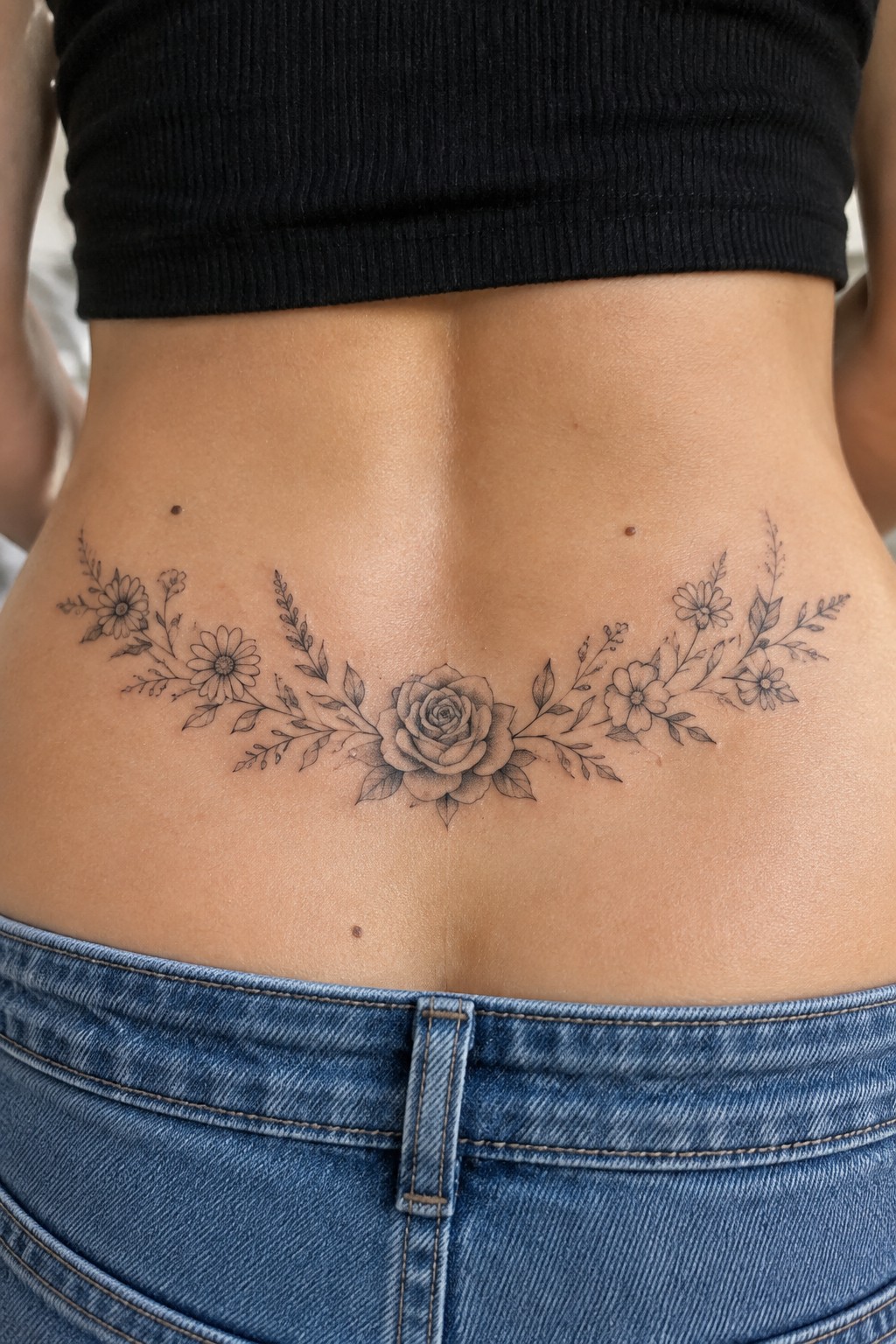 Floral tattoo with central rose on midriff between black crop top and jeans