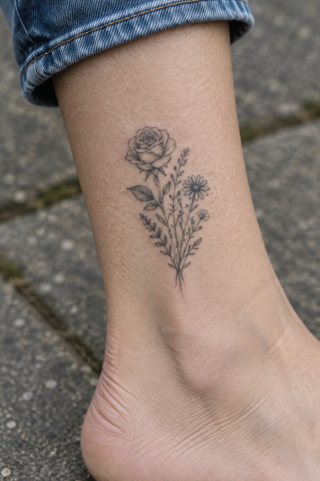 Black ink rose and daisy tattoo on ankle below rolled denim jeans