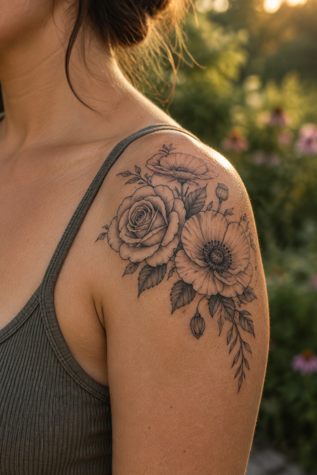 Shoulder tattoo of rose and poppies beside gray tank top strap in sunlight