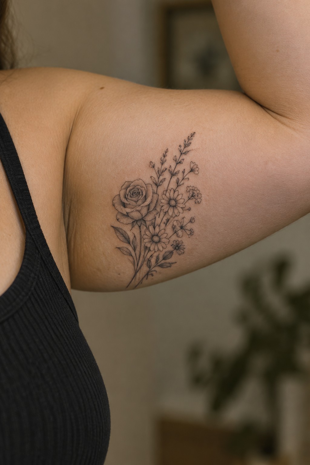 Fine line tattoo of a rose bouquet with daisies and wildflowers on a woman's upper arm
