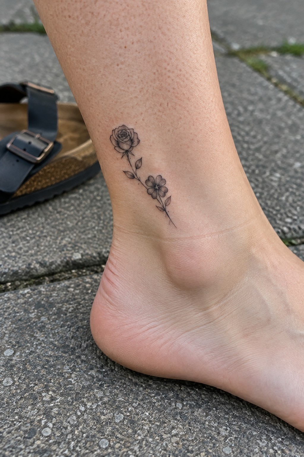 Delicate rose and flower tattoo on ankle beside black strapped sandal on pavement