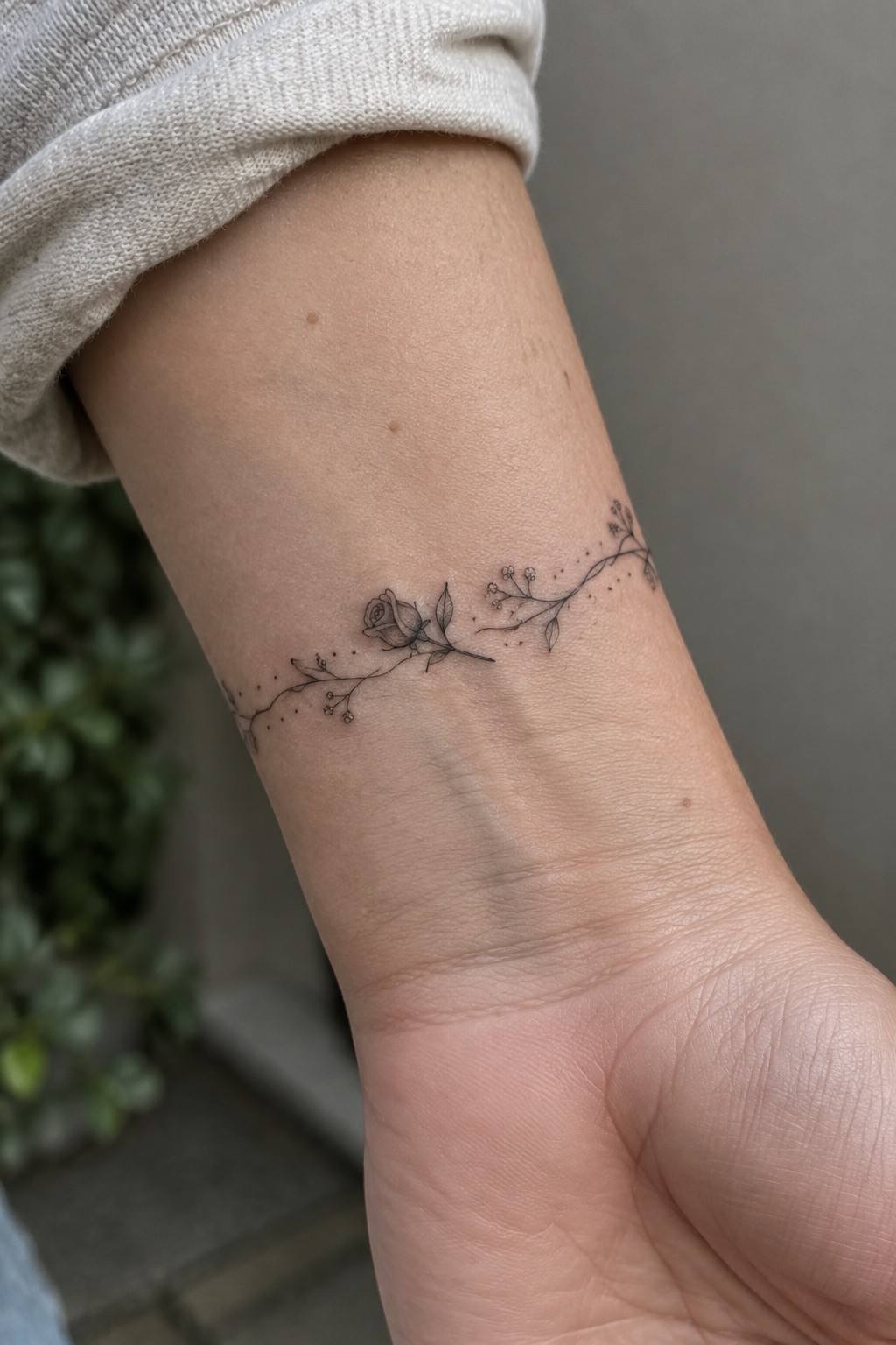 Fine line tattoo of a rose and delicate wildflower stems wrapping across the inner forearm in black ink.