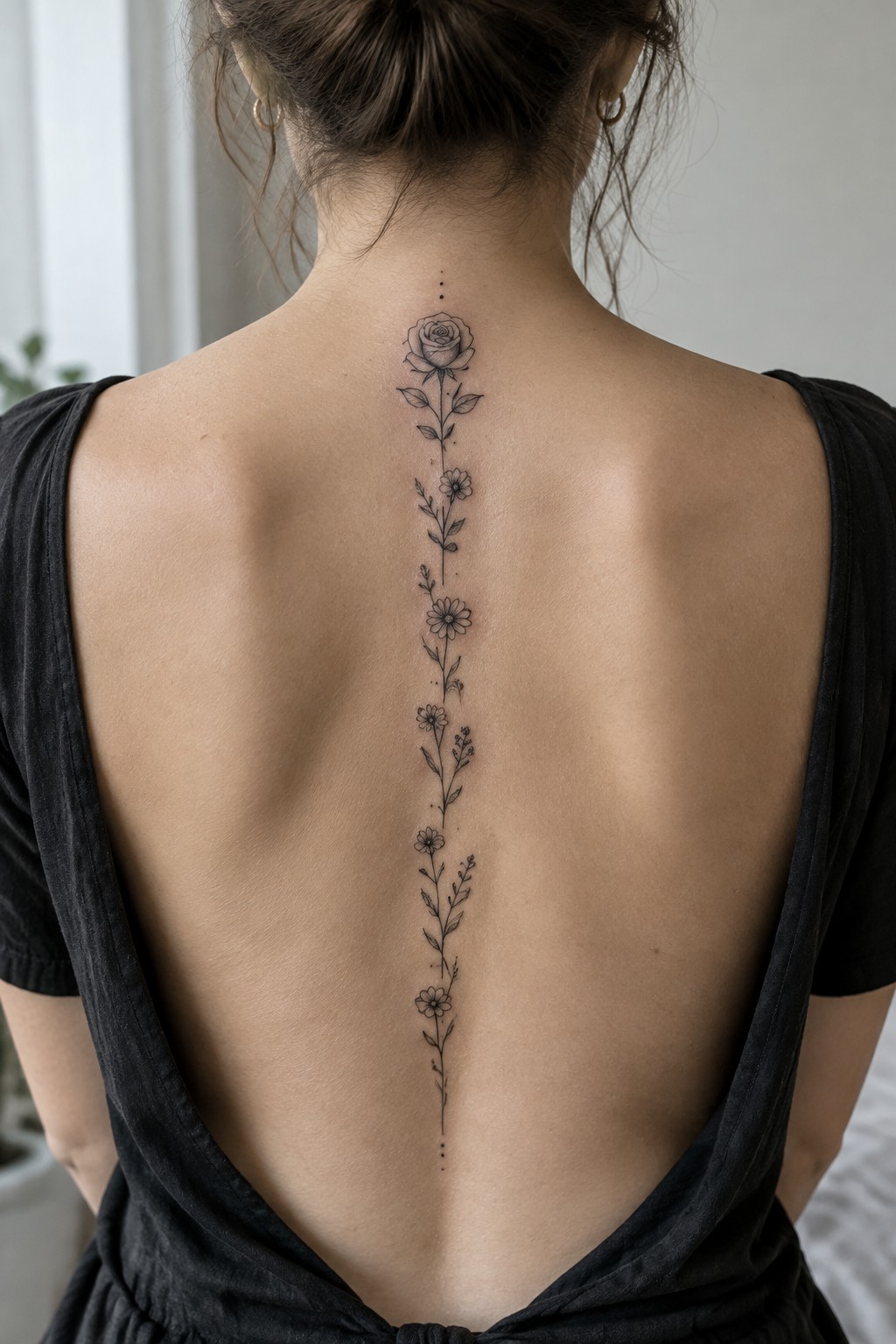 Woman's back in black top with vertical rose and flower spine tattoo
