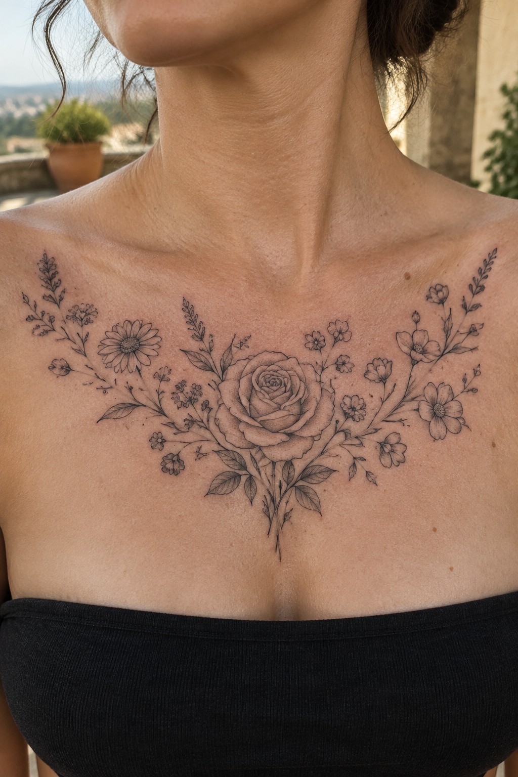 Woman's chest with large central rose and floral tattoo above black strapless top