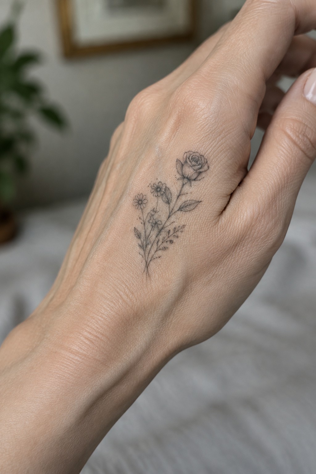 Back of a hand with delicate black ink floral tattoo of rose and daisies.