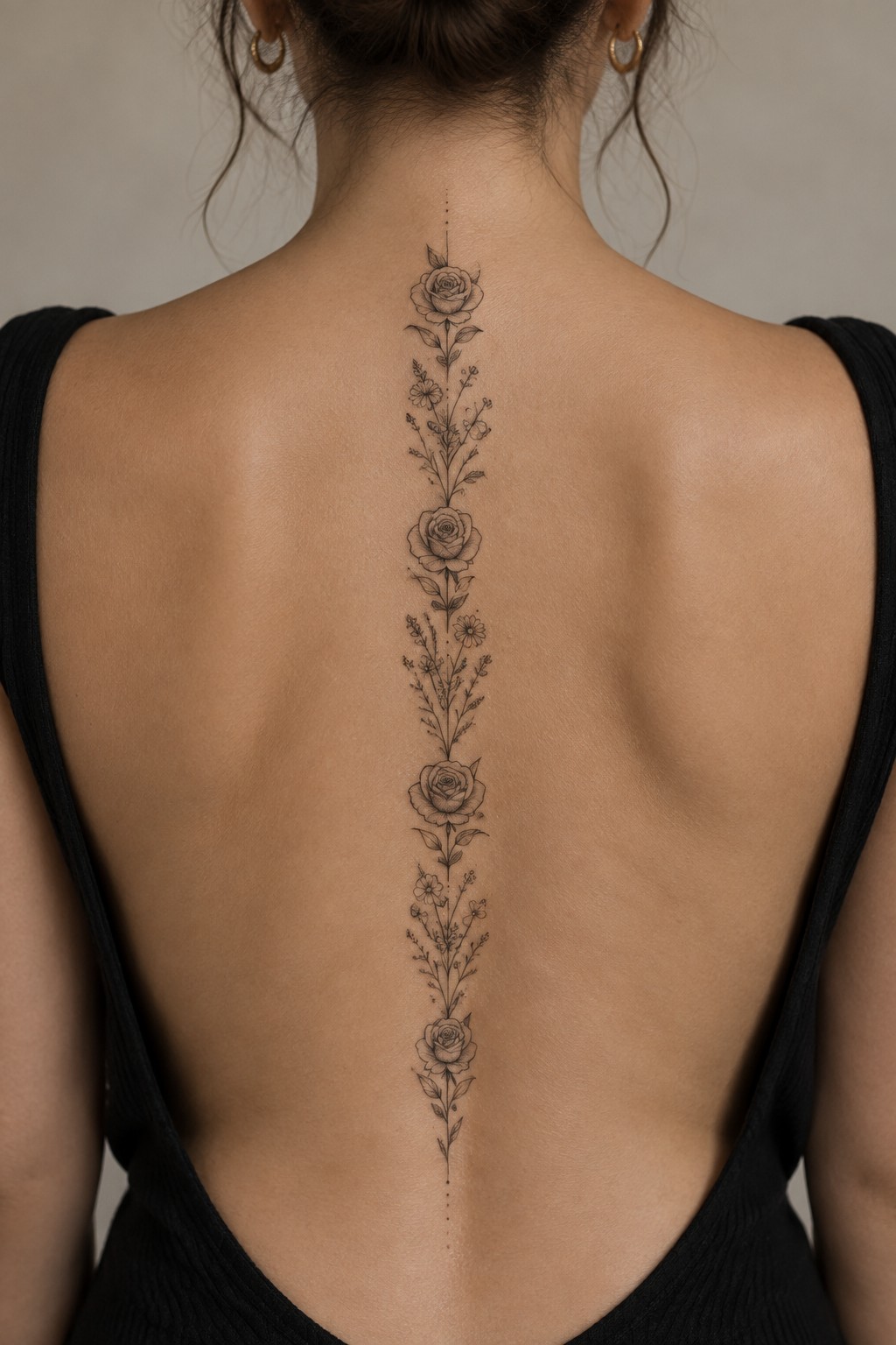 Woman's back in black top with vertical rose and wildflower spine tattoo
