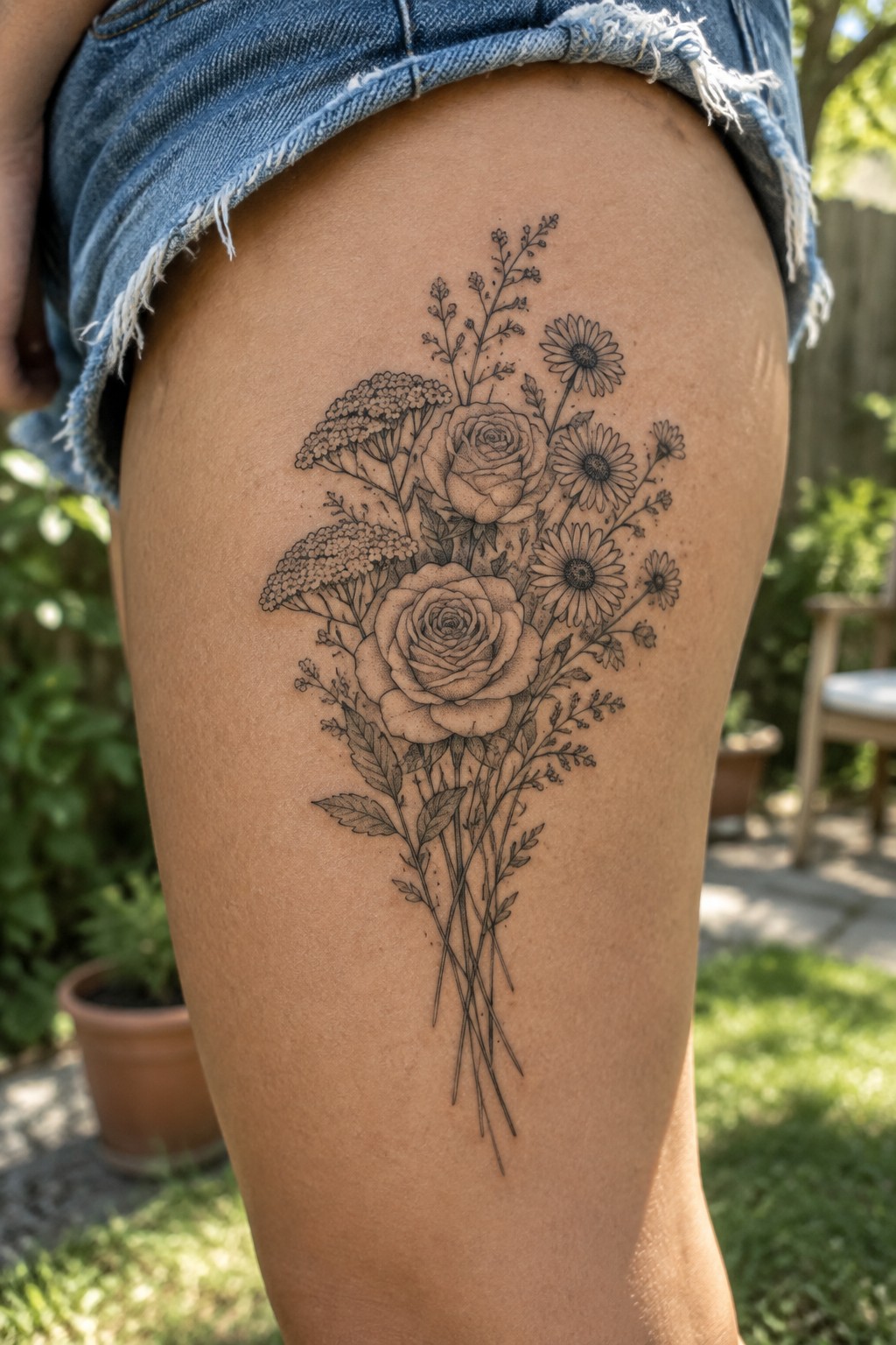 Black ink floral tattoo of roses and daisies on thigh beneath denim shorts
