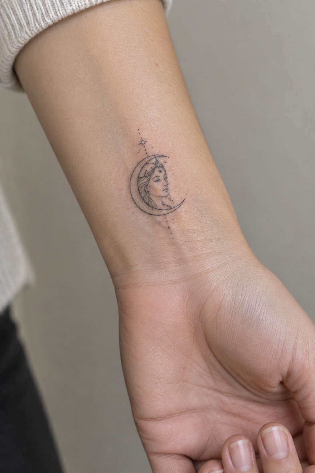 Crescent moon tattoo with woman's profile, stars, and dots on wrist