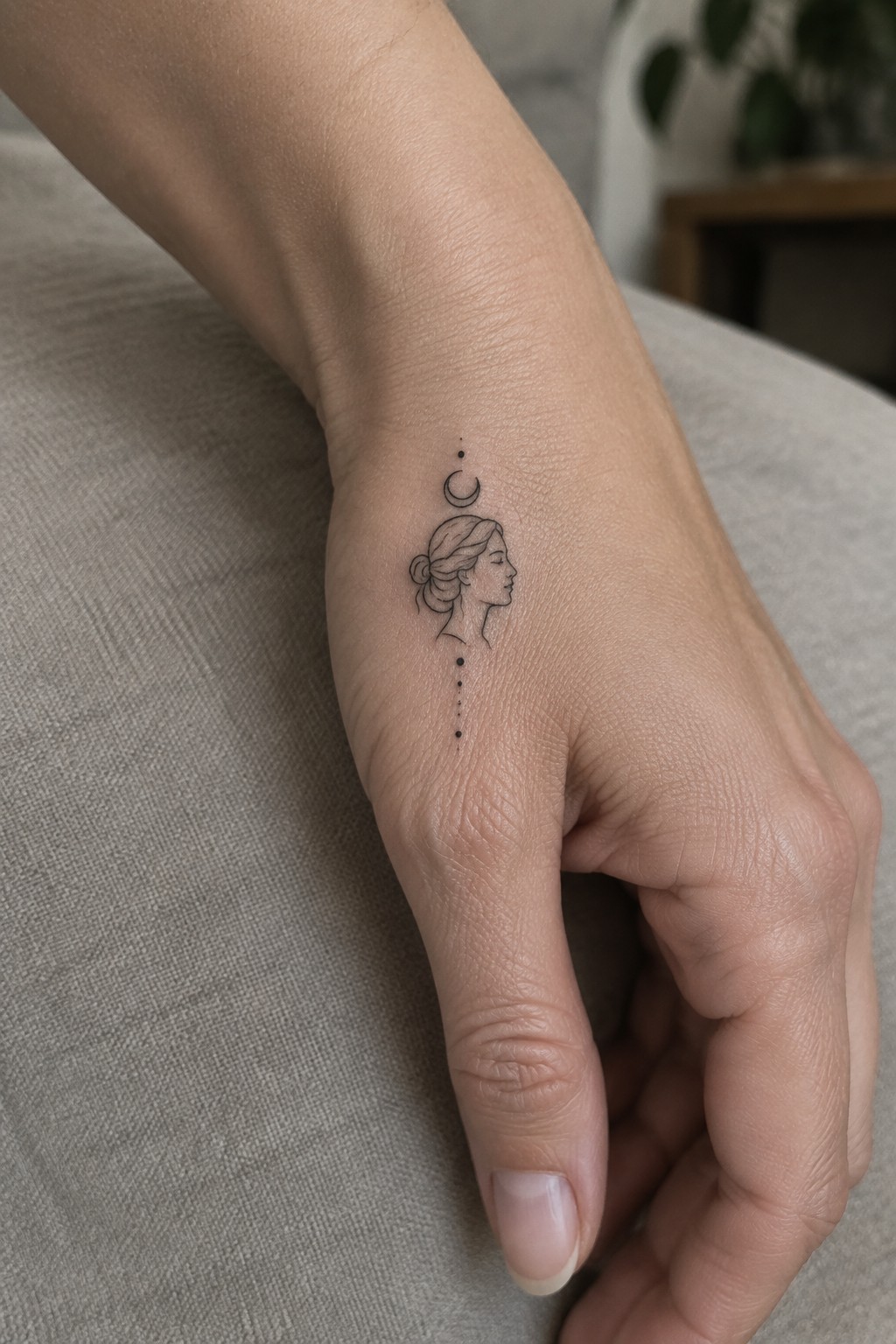 Fine line tattoo of a woman's profile with a crescent moon above and a vertical dotted line below on the inner wrist.