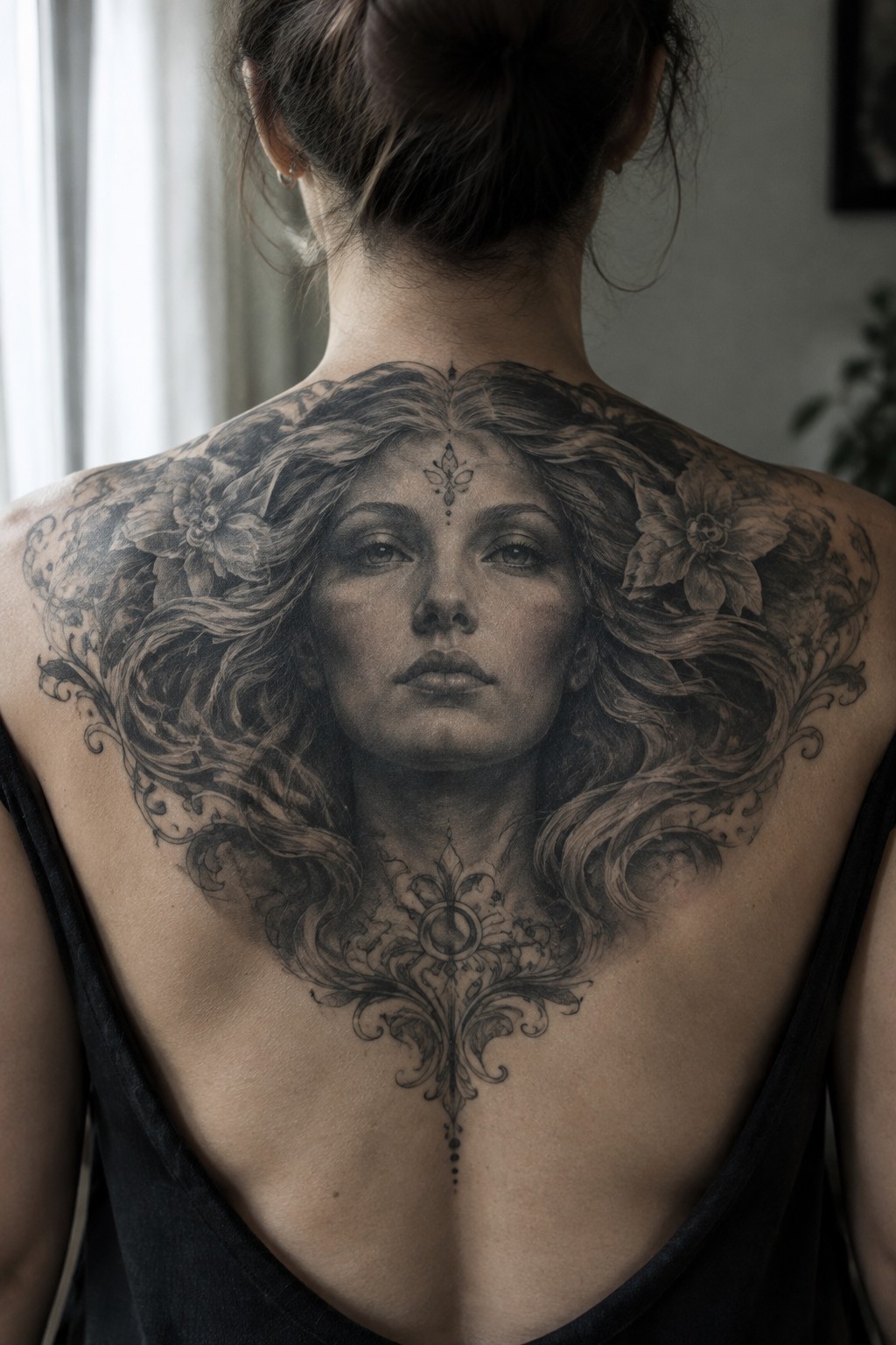 Black and grey tattoo covering a woman's full back with a central female face, flowing hair, flowers on both sides, and ornate filigree extending down the spine.