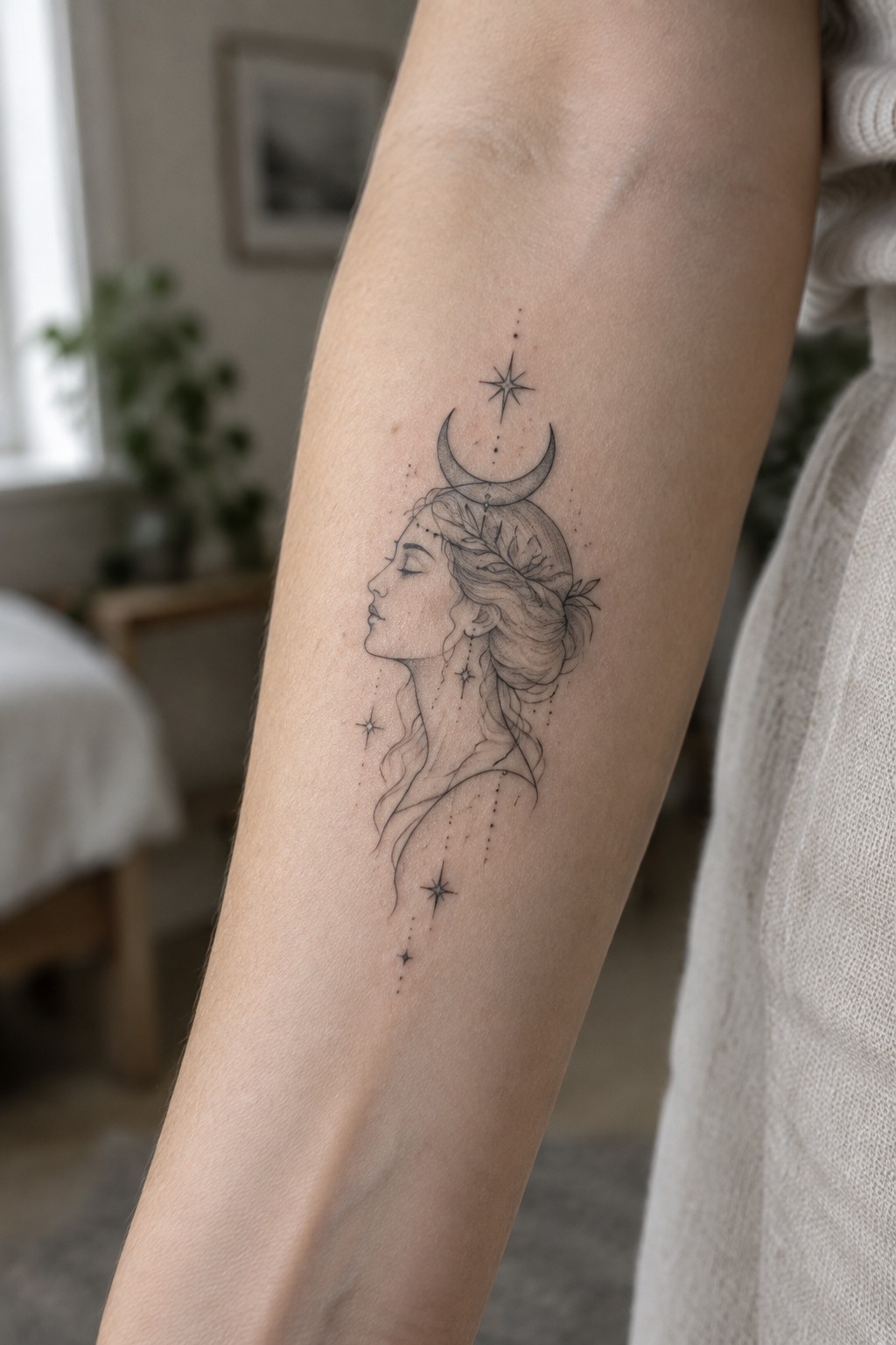 Delicate black line tattoo of woman's profile with crescent moon and stars on arm.