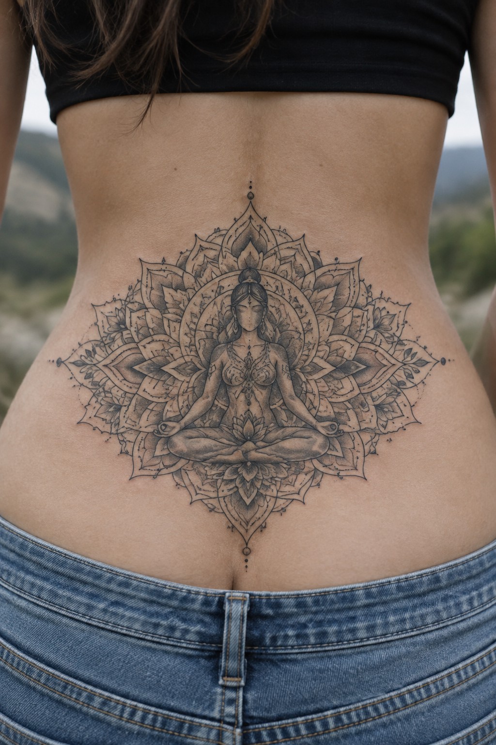 Large black and grey mandala tattoo on a woman's lower back featuring a seated meditating goddess surrounded by lotus flowers and symmetrical petal patterns.