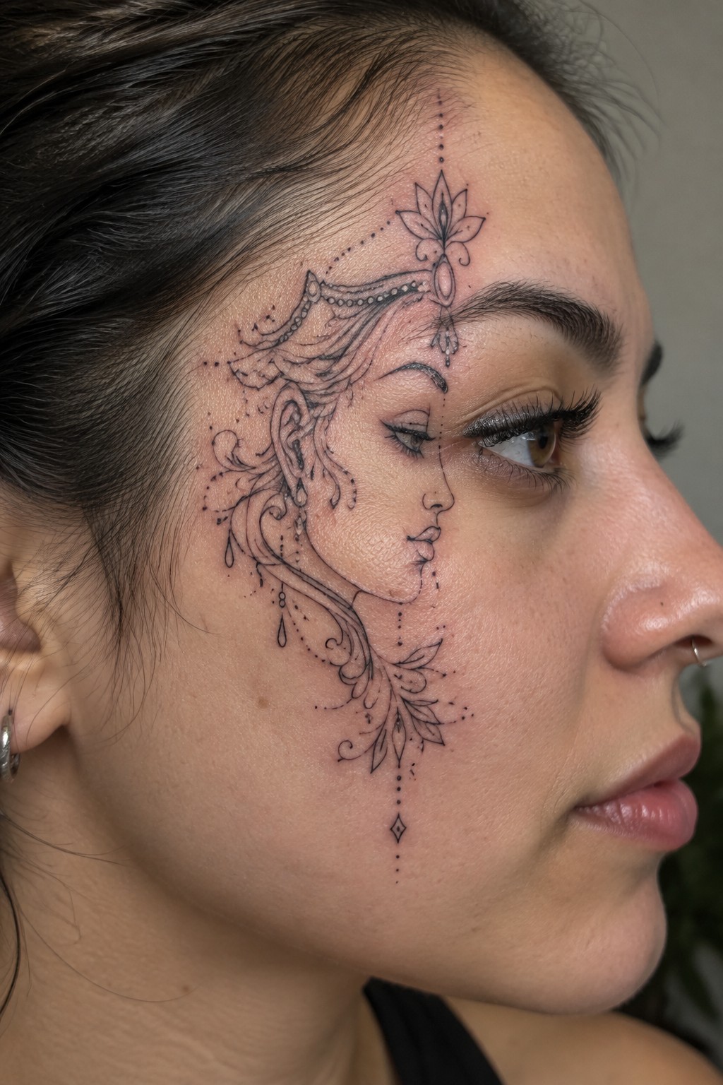 Fine line blackwork tattoo of a woman's profile with a lotus flower and ornamental details placed along the side of the face from forehead to cheek.