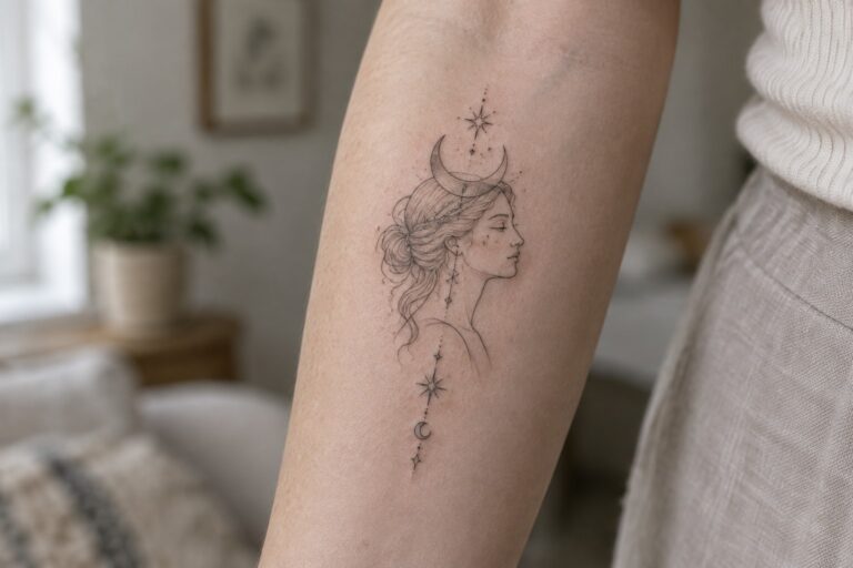 Delicate black line tattoo of woman's profile with crescent moon and stars on arm.