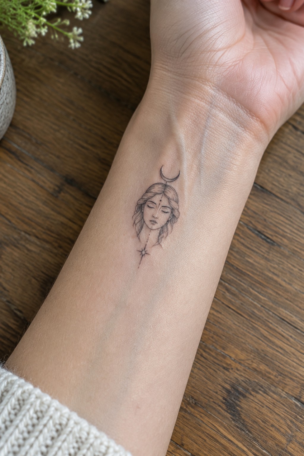 Fine line tattoo of moon, serene face and star on wrist above knitted cuff on wood