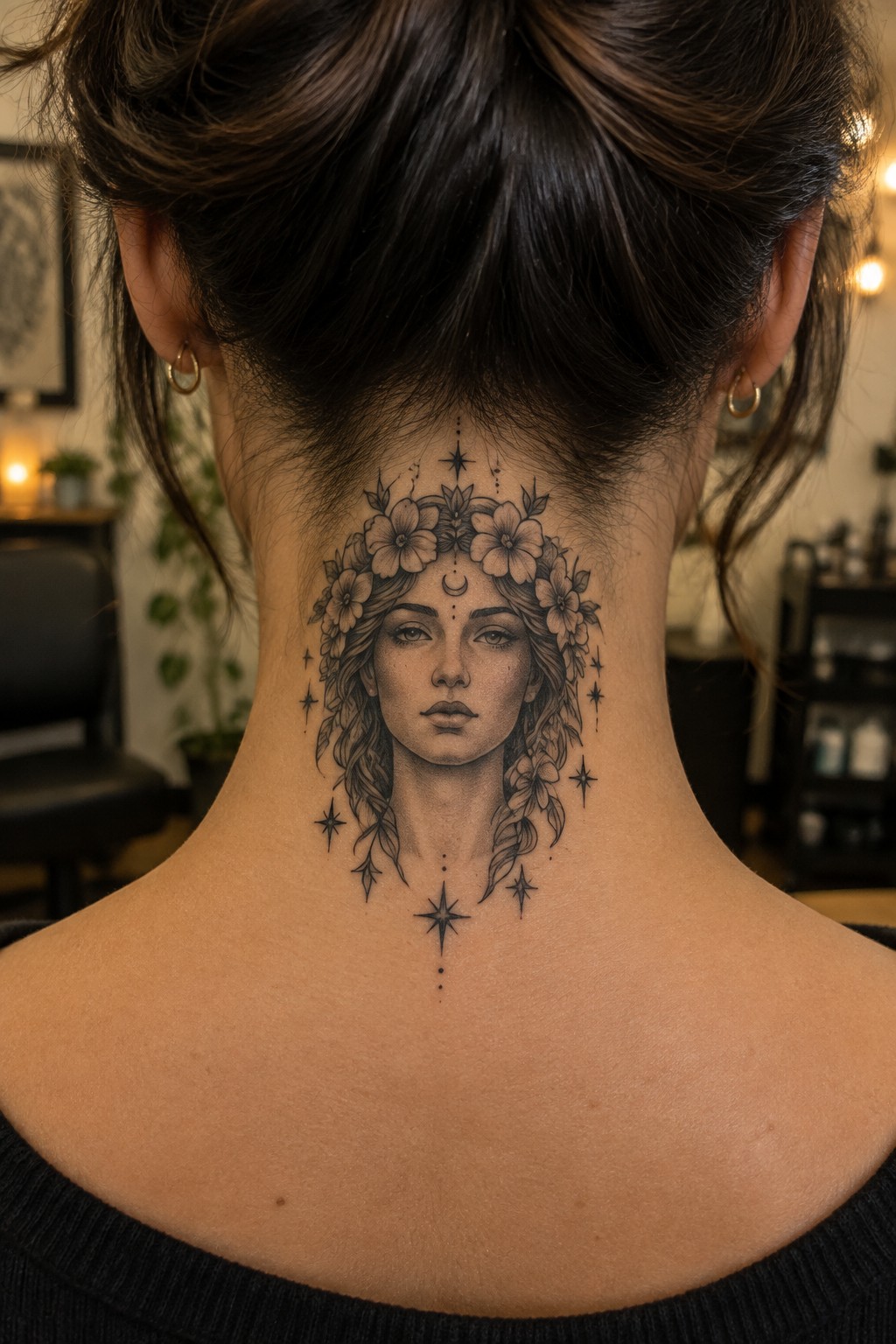 Black and grey tattoo of a woman's face wearing a flower crown with moon and star accents centered on the back of the neck