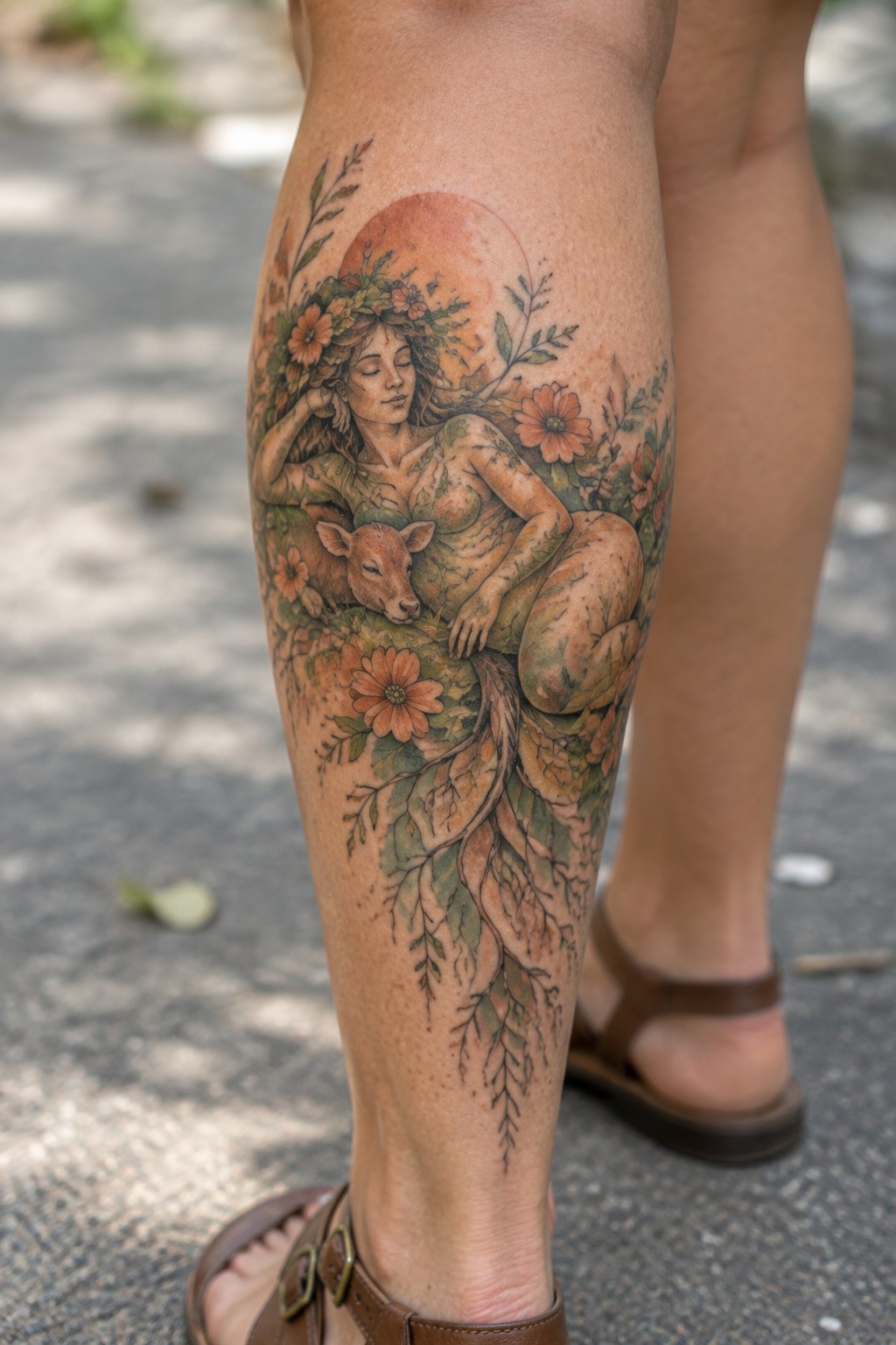 Colorful leg tattoo of a nude woman resting with a fawn amid flowers and roots.