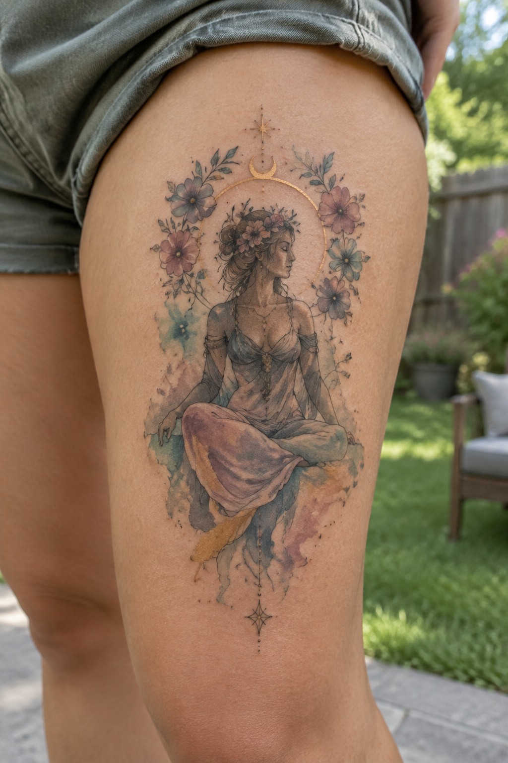 Watercolor tattoo of seated woman with flowers, crescent moon, and stars on thigh