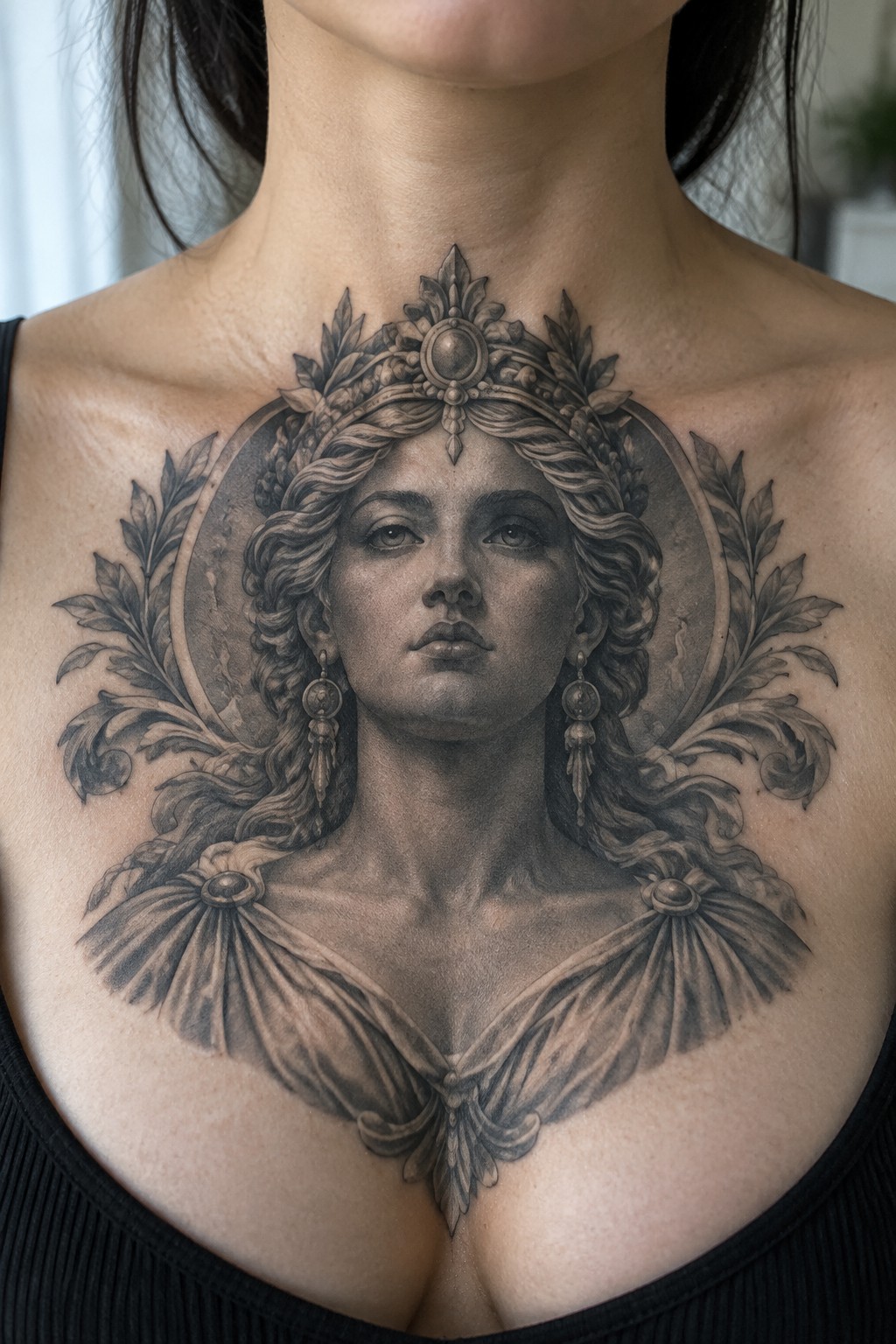 Ornate black-and-gray tattoo of a crowned woman across upper chest and neck