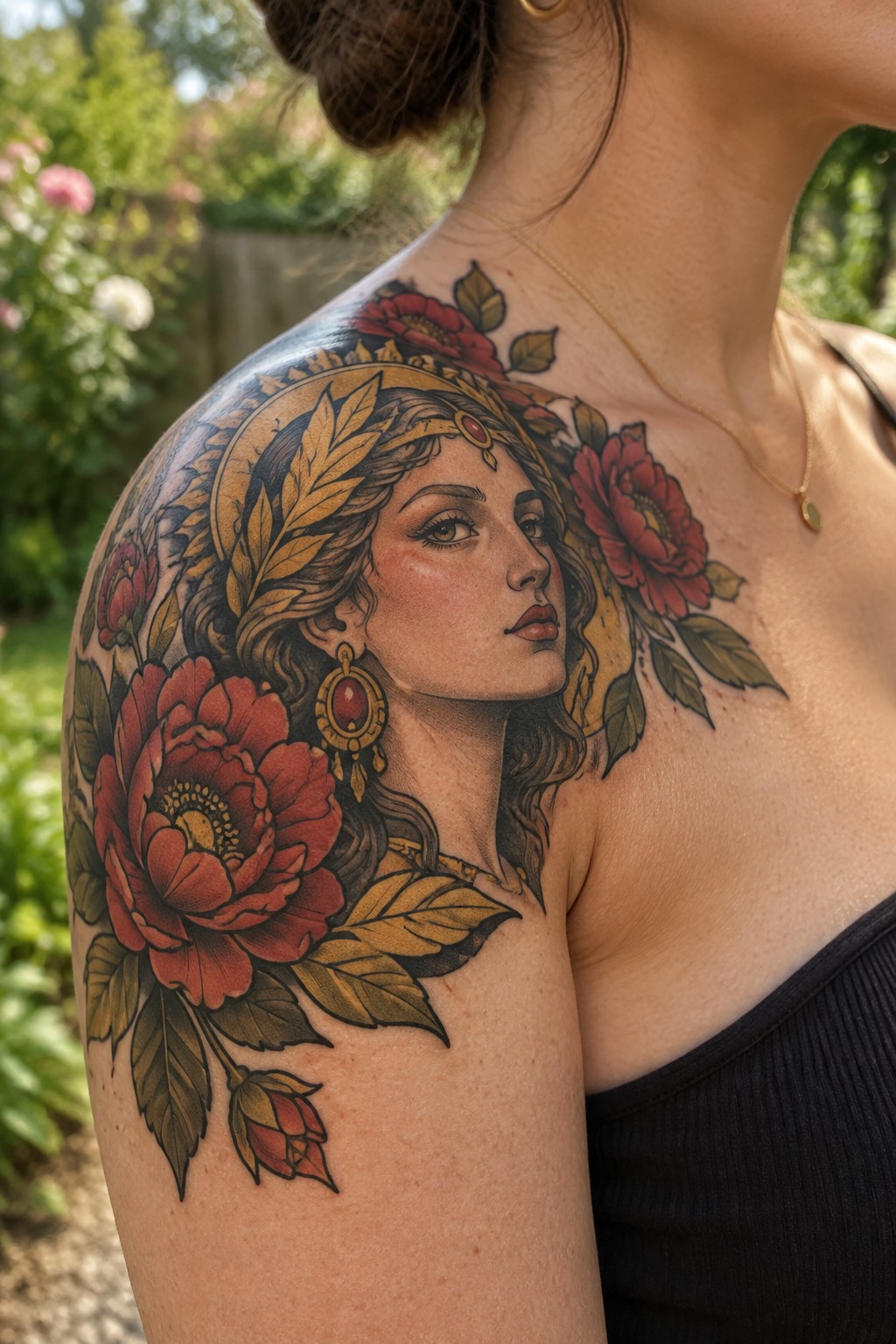Woman's shoulder with large colorful tattoo of female face amid red flowers