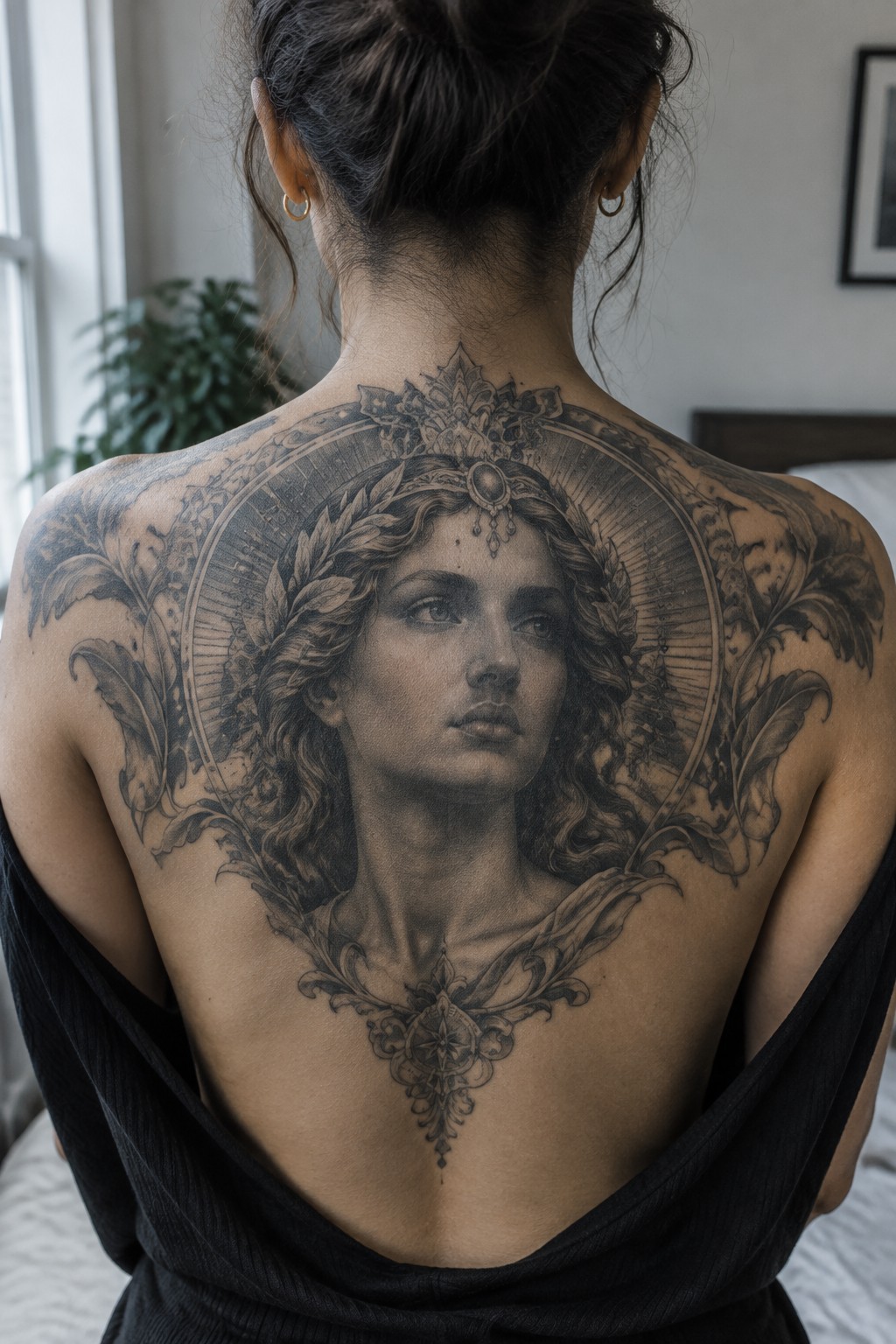 Woman's bare back with large ornate black-and-gray tattoo of a woman's face