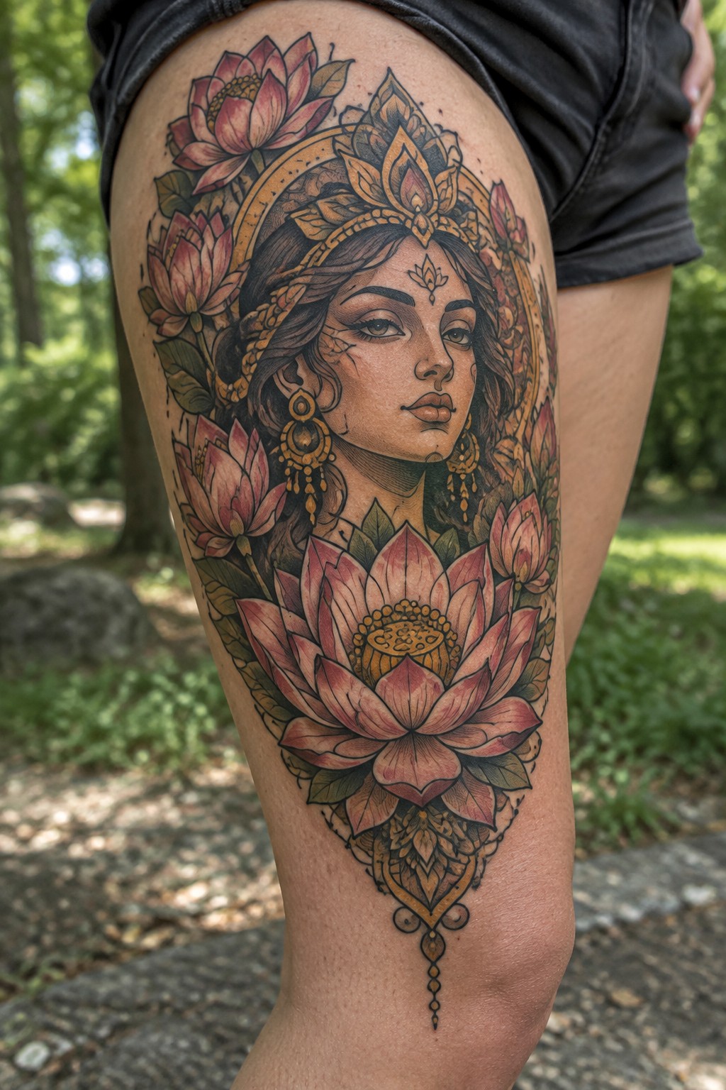 Ornate tattoo of a woman's face amid pink lotus flowers on thigh.