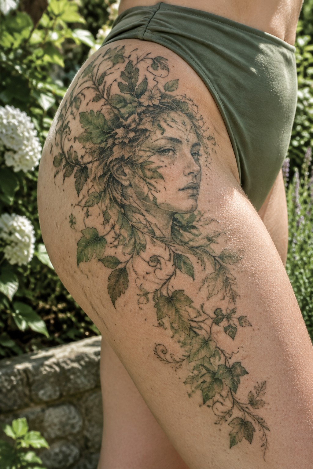 Woman's thigh with intricate green floral tattoo of a face amid leaves and vines