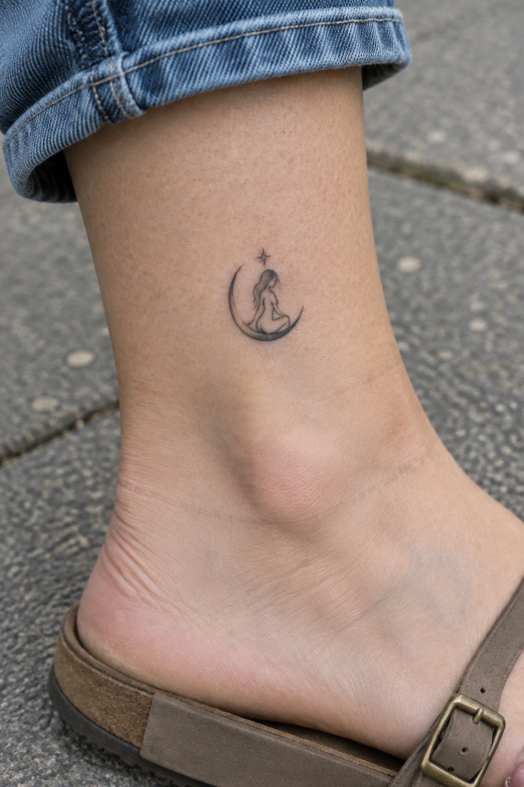 Small fine line tattoo on the outer ankle of a woman seated in a crescent moon with a star above.