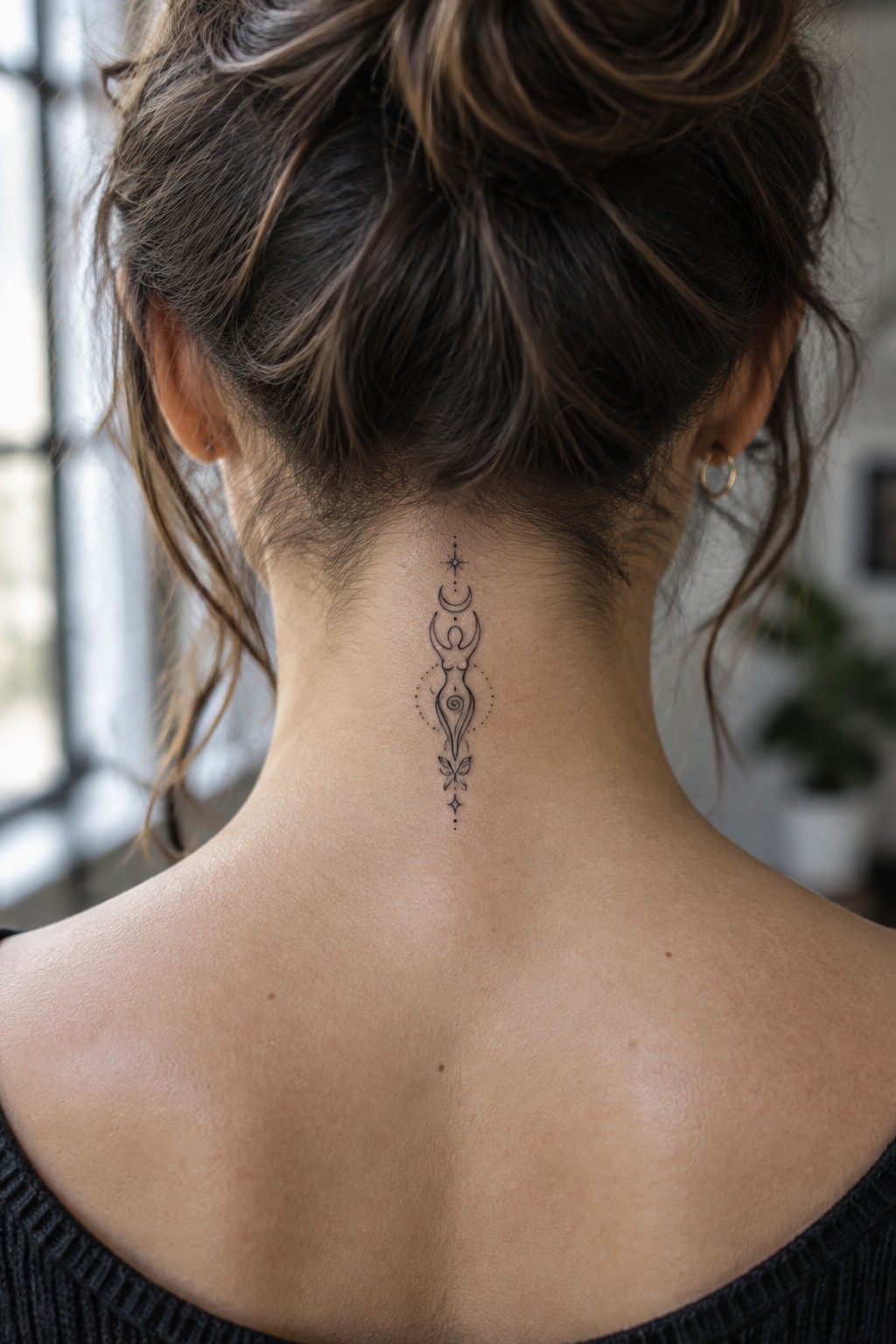 Woman's neck tattoo of female silhouette with moons, stars, and leaves, hair in bun.